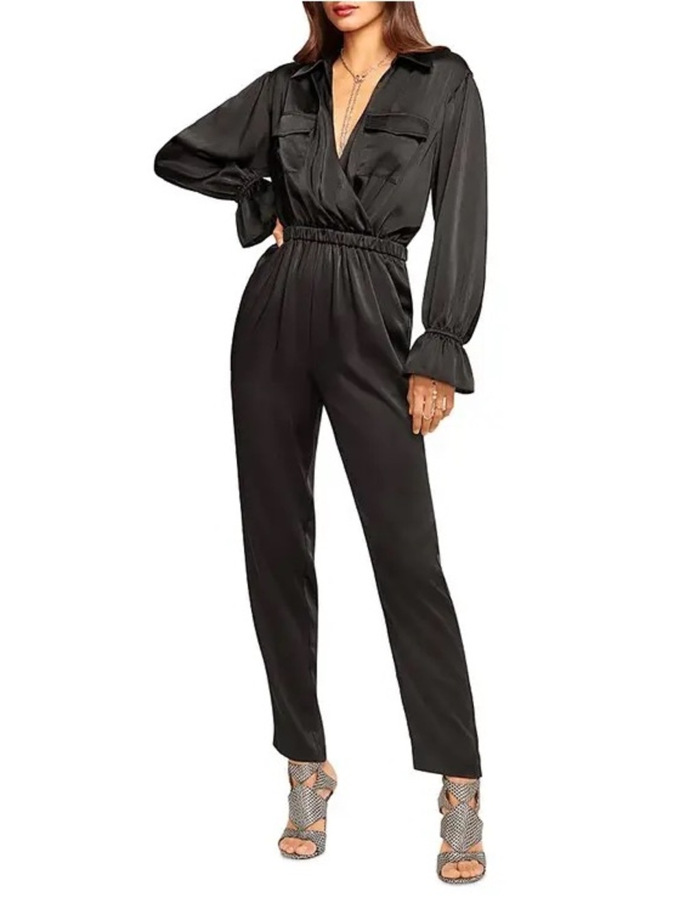 NWT Ramy Brook New York Josephine Long Sleeve Satin Jumpsuit - Black